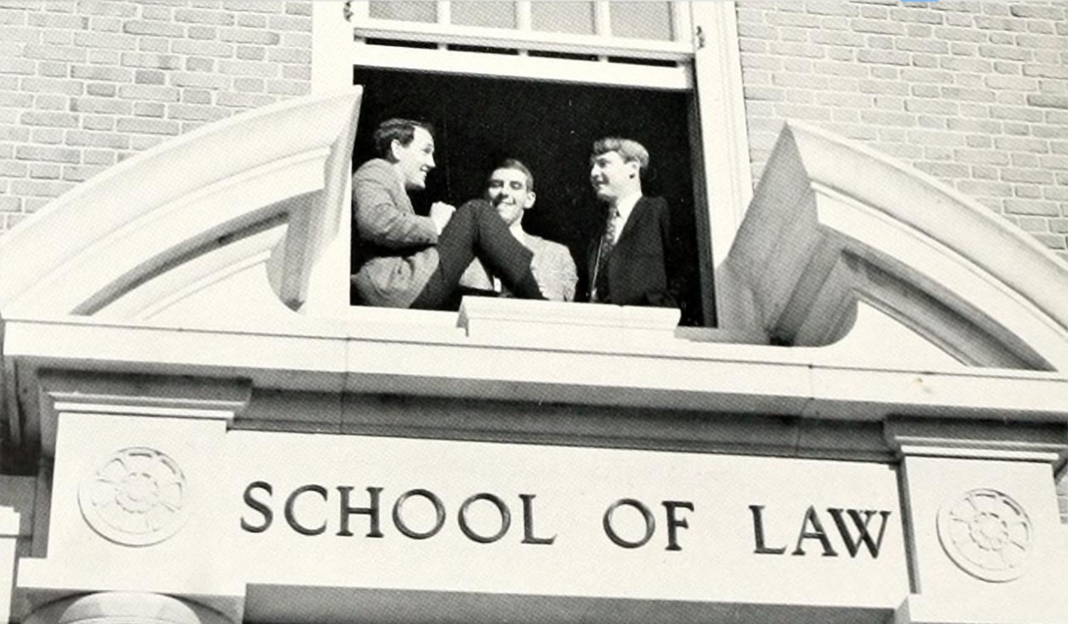 Students in the window of the Law Building at the new Wake Forest Campus in Winston-Salem, N.C.