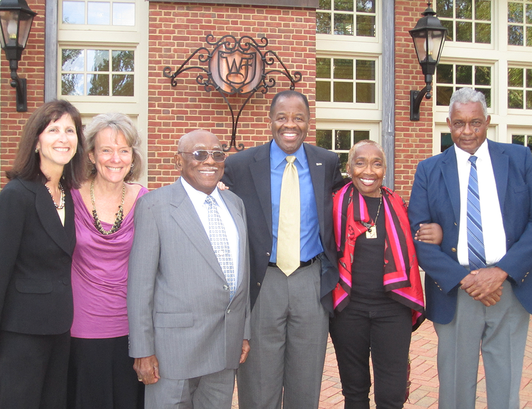 Photo of BLSA alumni at first reunion in 2011, including from left Ann Gibbs, Suzanne Reynolds (JD ’77), David Wagner (JD ’68), Blake Morant, Terry Hart Lee (JD ’74), and Frank Cherry (JD ’67).