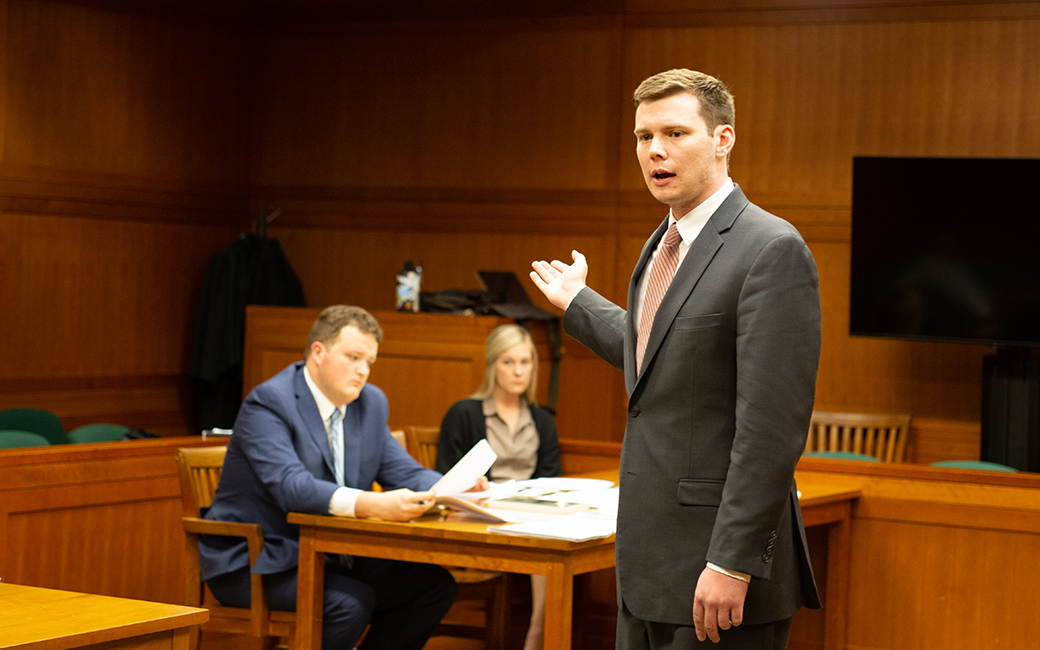 Andrew Shortt (JD ’20) practices his argument in the courtrooms at Wake Forest Law.